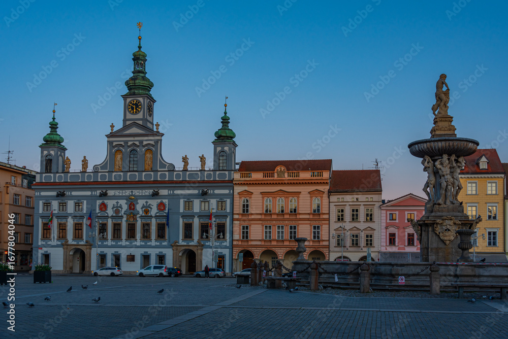 Fototapeta premium Sunrise view of the main square in Ceske Budejovice, Czech repub