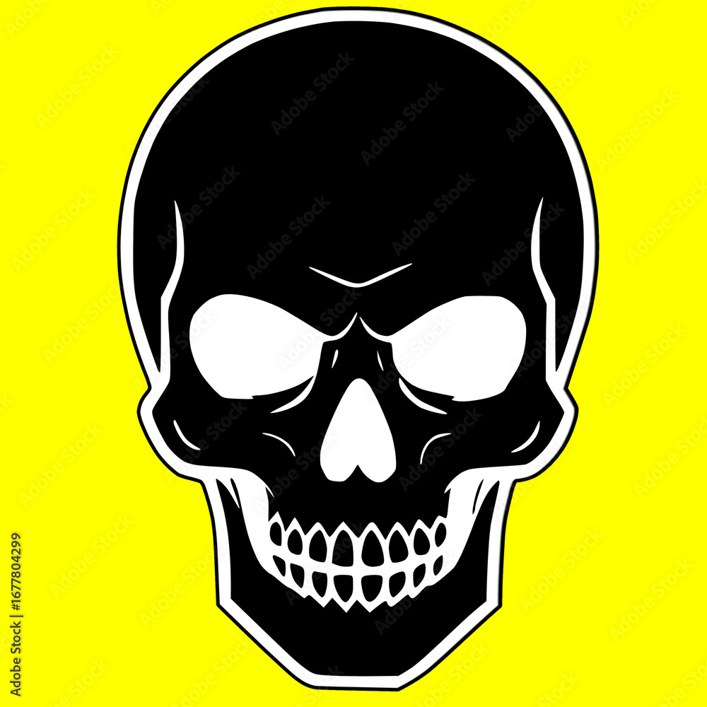 Fototapeta premium Black skull icon logo, tattoo, sticker halloween isolated yellow background