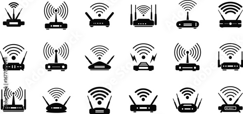 Wireless router icons, Wi-Fi signal symbols, internet connection graphics, network device illustrations, high-speed broadband, antenna designs, connectivity pictograms,