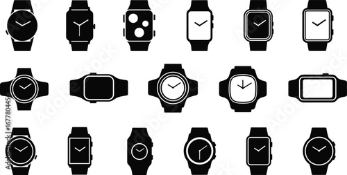 Black and white wristwatch icons set, various watch face designs, analog and digital styles, fashion timepieces, minimalist, modern, vintage collection