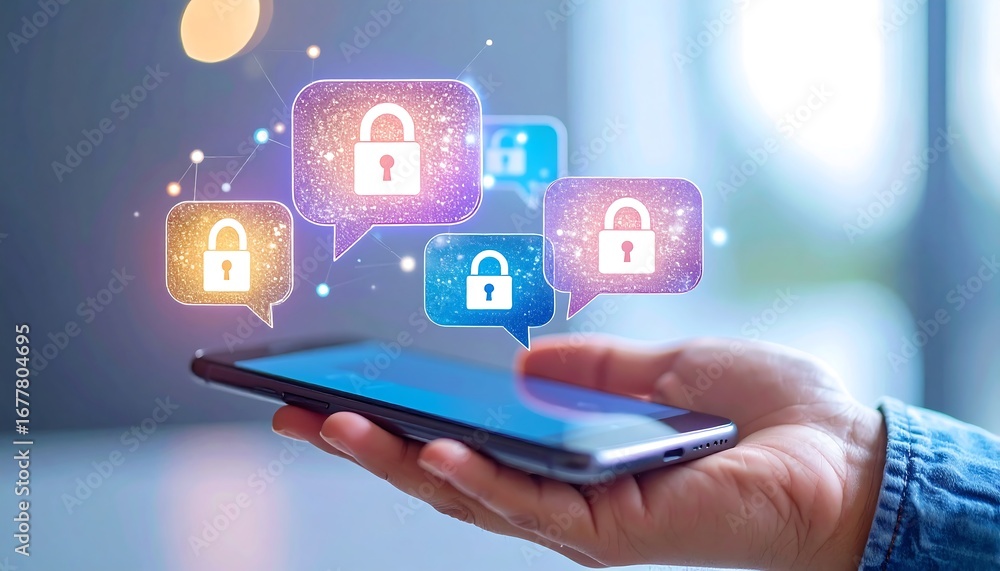 Fototapeta premium A hand holds a smartphone, displaying multiple security lock icons in speech bubbles, evoking a sense of digital safety and security.