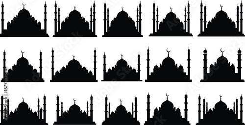 Islamic mosque silhouette icons, black vector illustration, dome and minaret design, Islamic architecture art, Ramadan Eid decoration, cultural religious landmark set