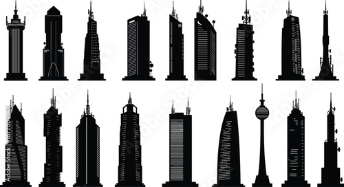 Skyscraper silhouettes, modern high rise buildings, iconic towers, city skyline, architectural landmarks, urban design, black vector, construction, real estate, tourism