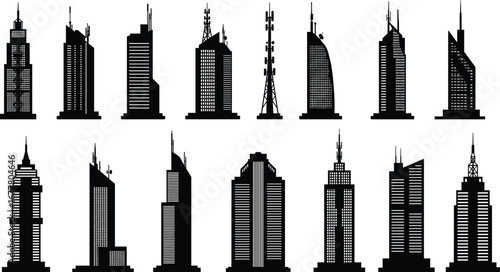Silhouette skyline of modern skyscrapers, diverse tall building designs, urban architecture collection, cityscape illustration, high rise towers, metropolitan landmark silhouettes
