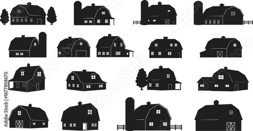 Silhouettes of barns and farmhouses, rural architecture collection, agricultural building designs, countryside structures, farming heritage, traditional barns