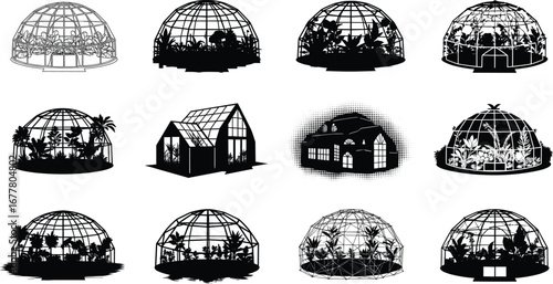 Greenhouse architecture icons, botanical structure designs, sustainable gardening illustration, eco farming symbols, plant cultivation graphics, environmental protection signs