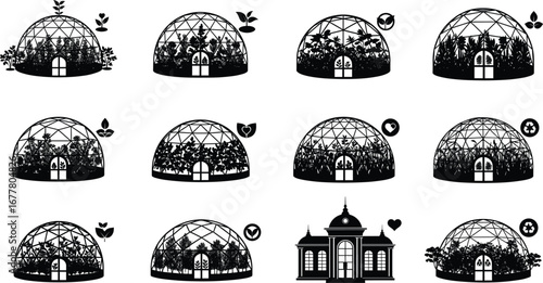 Eco greenhouse icons, botanical dome symbols, sustainable farming illustration, plant conservation graphics, environmental protection signs, organic agriculture design,