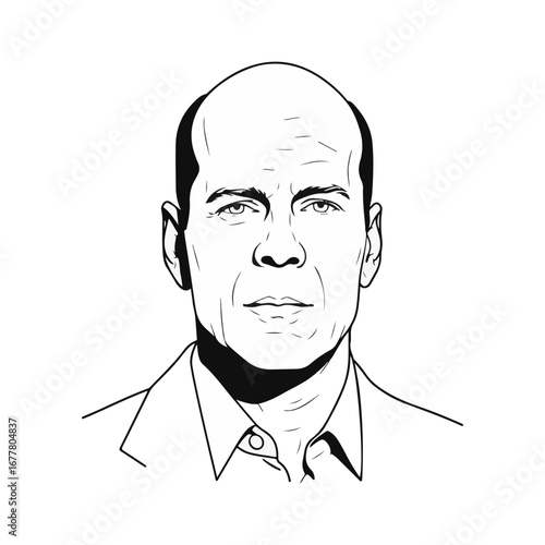 A black and white line art portrait of a bald man with a serious expression, looking directly forward.