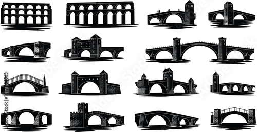 Historic bridge silhouettes, architectural landmarks, ancient aqueducts, medieval towers, suspension spans, river reflections, vintage engineering, iconic structures