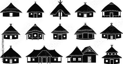 Silhouette collection of traditional huts and houses, rural architecture designs, thatched roofs, cultural heritage, indigenous building styles, black vector illustration art
