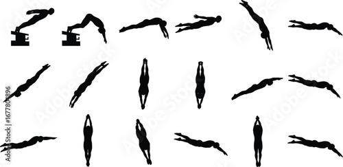 Silhouette sequence of diver jumping from platform, athletic dive motion stages, sports technique, water entry, human movement, aquatic performance, black figure art