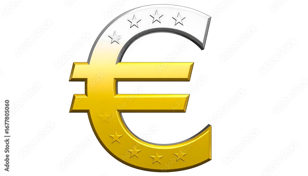 Fototapeta premium A detailed, 3D rendering of the Euro currency symbol, featuring a gradient from gold to silver, with stars.