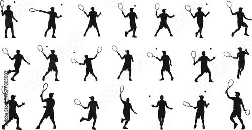Tennis player silhouette poses, racket action, forehand, backhand, serve, volley, sports training, athletic movement, match preparation, dynamic motion, competitive game