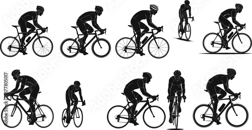 Cyclist silhouettes, road bike riders, cycling posture variations, sports training, competitive cycling, aerodynamic positions, fitness exercise, outdoor sport