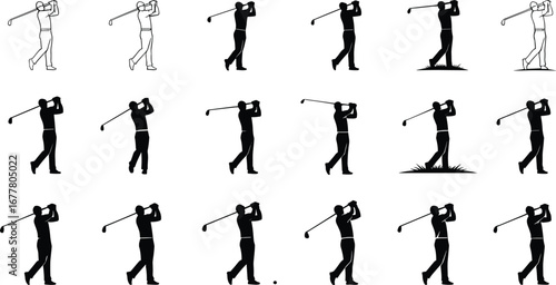 Golf swing sequence, golfer silhouettes, sports motion, golf training, swing technique, athletic posture, professional golfer, outdoor sport, golf club, ball impact