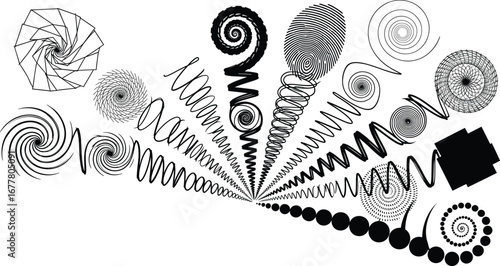 Black and white spiral waves, abstract radial patterns, geometric vortex designs, hypnotic optical art, circular symmetry shapes, decorative motion illusion backgrounds