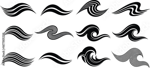 Black and white wave designs, ocean wave illustration set, Japanese wave art, abstract sea patterns, minimal line art, tattoo style graphics