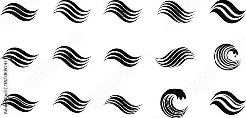 Black wave icon set, minimalist ocean symbol collection, abstract water line art, surfing sea design, nautical graphic illustration, marine pattern elements