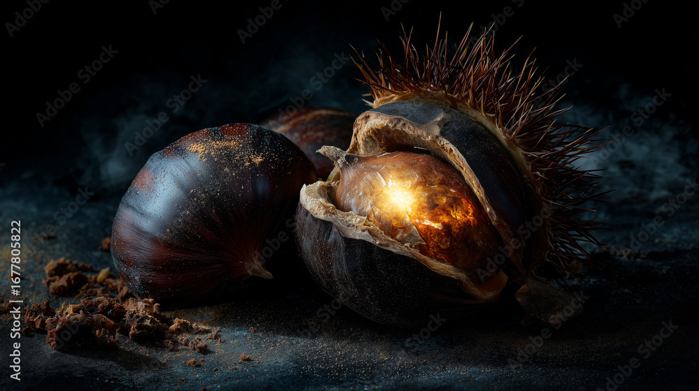 Obraz premium Cracked chestnut revealing a glowing golden core, surrounded by textured shell and crumbs in a dramatic dark background.