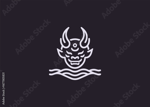 A simple minimalist oni demon line style, symbolizing mystery, dark power, and ancient folklore