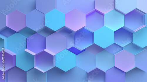 Layered angular hexagon panels in cool blue and lavender tones, creating a modern geometric abstract design.
