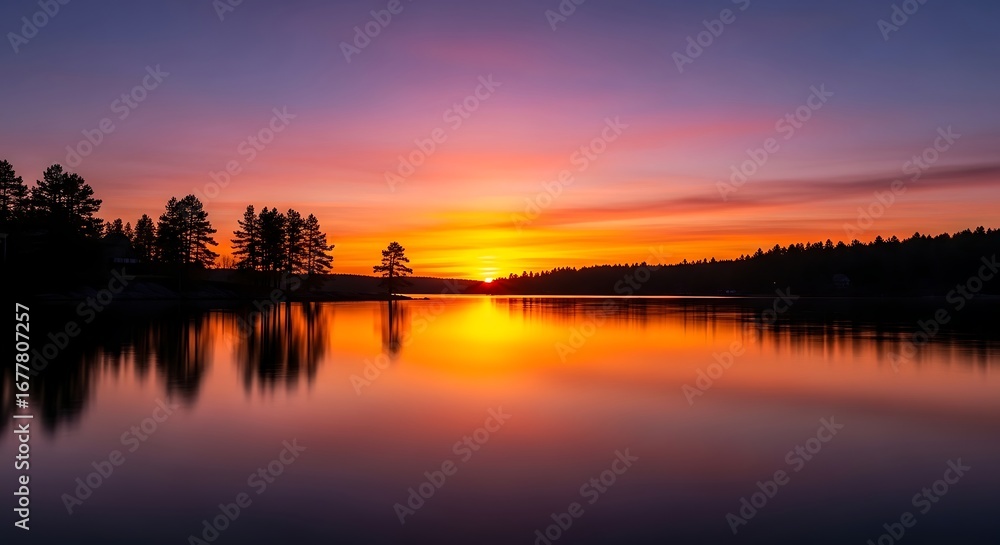 Fototapeta premium Vibrant Sunset Over Calm Lake with Silhouetted Trees.