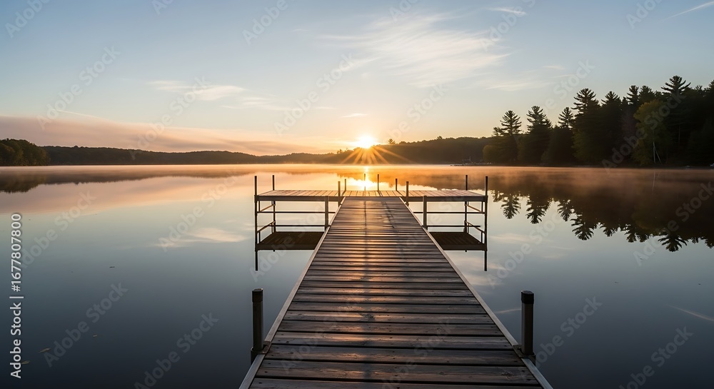 Obraz premium A serene sunrise over a tranquil lake, with a wooden dock extending towards the horizon. The water reflects the sky's colors, creating a peaceful atmosphere.