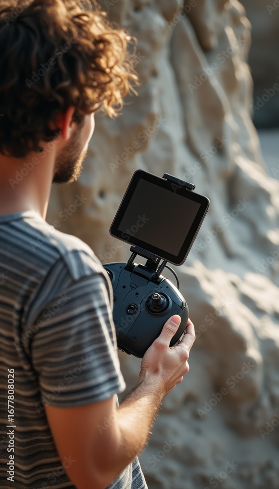 Obraz premium Young man operating a drone controller