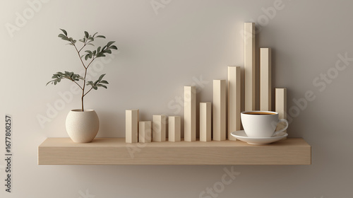 
A minimalist beige shelf featuring a small plant and a coffee cup, against a clean background, creating calm modern aesthetics.
