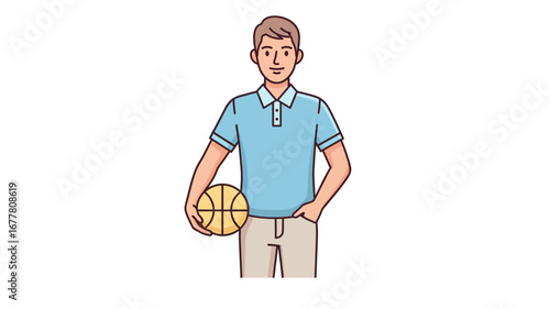 Animated male character in a blue polo shirt holding a basketball, portraying an active and approachable personality for sports or casual themes
