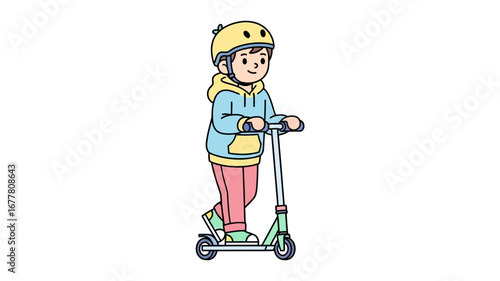 Joyful young boy in a yellow safety helmet and blue hoodie having fun riding his green kick scooter, promoting an active and happy childhood outdoors
