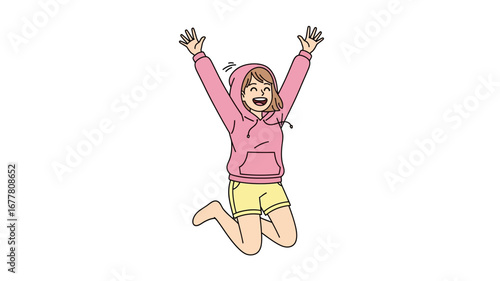 Joyful young woman with arms outstretched leaps into the air, expressing pure happiness and excitement in a vibrant illustration