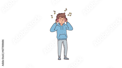 Young person enjoying music with headphones, surrounded by floating musical notes, experiencing a moment of peaceful and engaging audio immersion