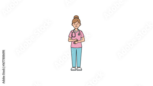 Dedicated Female Nurse Character Illustration Standing Professionally with a Stethoscope, Symbolizing Compassionate Healthcare and Medical Expertise