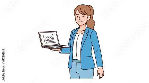 Professional businesswoman showcasing data analysis on a laptop, presenting key insights for business growth and strategic planning with a confident and approachable demeanor