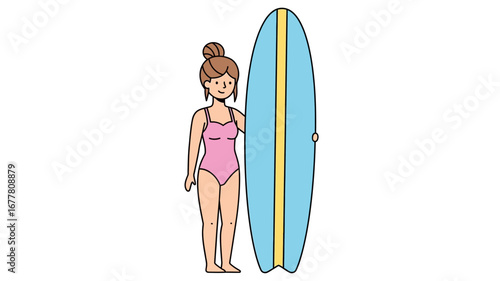 Smiling woman in pink swimsuit holding surfboard, a lively illustration capturing summer beach leisure and aquatic adventures with a clean, friendly graphic design