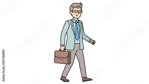 Confident male professional in a suit and glasses, carrying a briefcase and walking with determination, depicted in a clean vector cartoon style