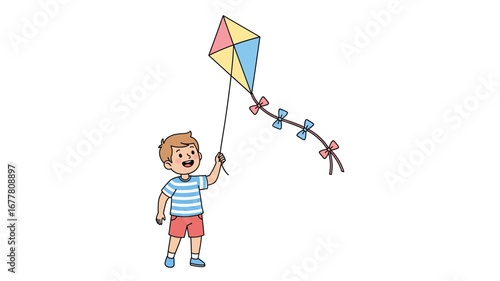 Happy child playing with a colorful kite, representing innocence, outdoor fun, and a carefree childhood moment, perfect for themes of joy and recreation on a sunny day