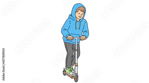A cheerful young boy enjoys an active outdoor moment, skillfully riding his kick scooter with a bright expression, embodying youthful energy and fun