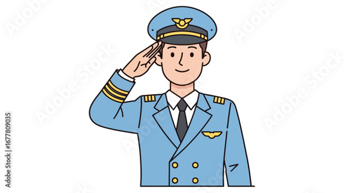 Illustrative depiction of a courteous male pilot in full uniform rendering a salute, symbolizing respect and dedication in the aviation industry