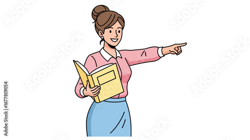 Friendly female professional pointing and holding a book, offering guidance or instruction in an educational or business setting, vector illustration