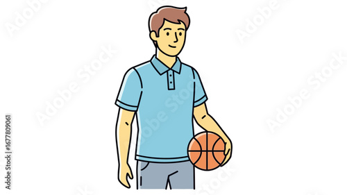 Smiling young man in a blue polo shirt stands confidently holding a basketball, ready for a game or practice session with a positive attitude