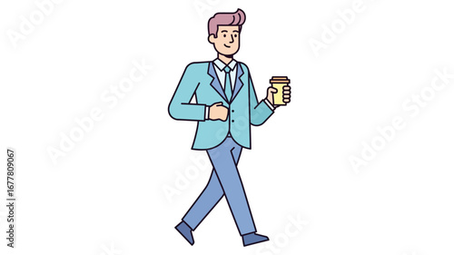 Professional man in a stylish suit walks confidently, enjoying a morning coffee. A modern illustration depicting an everyday business routine or a casual stroll