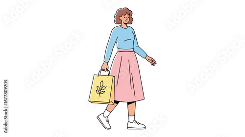 Cheerful animated woman on a walk, carrying a shopping bag with a leaf motif, representing a relaxed day of errands, sustainable shopping, or a pleasant urban stroll
