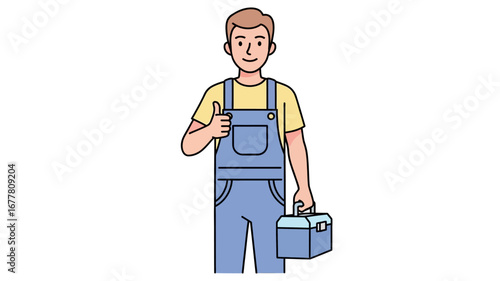 Friendly and skilled repairman or technician in blue overalls holding a toolbox and showing a positive thumbs-up, ready to help with service or maintenance tasks