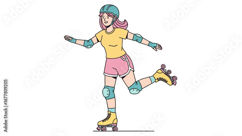 Joyful young woman enjoying a fun roller skating session, wearing protective gear for safety while actively engaged in the recreational sport