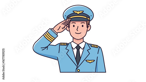 Professional male pilot in uniform saluting with a friendly expression, representing aviation careers and air travel industry