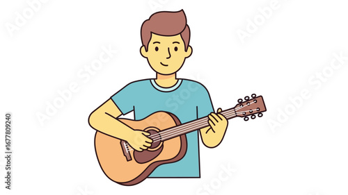 Cheerful young man playing an acoustic string instrument, passionately strumming melodious chords in a vibrant cartoon illustration, showcasing a joyful musical hobby
