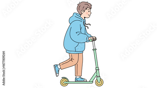 Illustration of a stylish youth actively propelling a kick scooter, depicting urban mobility and recreation through active lifestyle