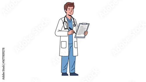 Dedicated male doctor character illustration, dressed in medical attire with a stethoscope and clipboard, symbolizing healthcare and expertise in medical consultations